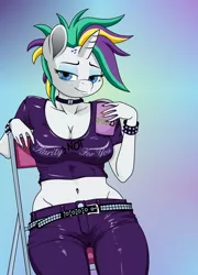 Size: 1280x1778 | Tagged: suggestive, artist:phucknuckl, artist:pusspuss, derpibooru import, rarity, anthro, unicorn, it isn't the mane thing about you, alternate hairstyle, belly button, breasts, busty rarity, clothes, cup, female, inkscape, jeans, leather, midriff, pants, punk, raripunk, simple background, solo, vector