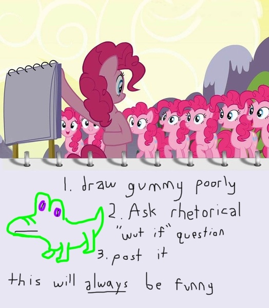 Size: 699x800 | Tagged: clone, derpibooru import, exploitable meme, gummy, meme, pinkie clone, pinkie pie, pinkie's plan, safe, screencap, too many pinkie pies, wut if gummy wuz a meme