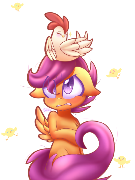 Size: 1536x2048 | Tagged: safe, artist:silviasilvar, derpibooru import, scootaloo, bird, chicken, pegasus, pony, semi-anthro, :>, angry, blushing, chest fluff, chick, cute, cutealoo, eyes closed, female, filly, floppy ears, frown, glare, gritted teeth, looking up, messy mane, pose, raised hoof, scootachicken, simple background, sitting, smiling, sparkles, spread wings, transparent background, unamused, wings