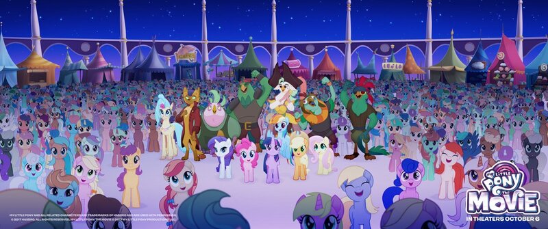 Size: 1200x503 | Tagged: safe, derpibooru import, screencap, applejack, boyle, capper dapperpaws, captain celaeno, dawn sunrays, derpy hooves, fluttershy, linky, lix spittle, mullet (character), murdock, pinkie pie, princess skystar, rainbow dash, rarity, shoeshine, twilight sparkle, twilight sparkle (alicorn), unnamed character, unnamed pony, alicorn, anthro, classical hippogriff, earth pony, hippogriff, parrot pirates, pegasus, pony, unicorn, my little pony: the movie, anthro with ponies, background pony, background pony audience, canterlot, clones, cowboy hat, female, hat, male, mane six, mare, my little pony logo, pirate, stallion