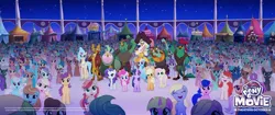 Size: 1200x503 | Tagged: safe, derpibooru import, screencap, applejack, boyle, capper dapperpaws, captain celaeno, dawn sunrays, derpy hooves, fluttershy, linky, lix spittle, mullet (character), murdock, pinkie pie, princess skystar, rainbow dash, rarity, shoeshine, twilight sparkle, twilight sparkle (alicorn), unnamed character, unnamed pony, alicorn, anthro, classical hippogriff, earth pony, hippogriff, parrot pirates, pegasus, pony, unicorn, my little pony: the movie, anthro with ponies, background pony, background pony audience, canterlot, clones, cowboy hat, female, hat, male, mane six, mare, my little pony logo, pirate, stallion