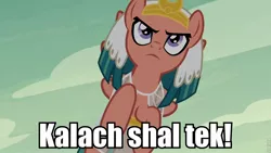 Size: 960x540 | Tagged: safe, derpibooru import, edit, edited screencap, screencap, somnambula, pegasus, pony, daring done?, caption, female, goa'uld, goa'uld language, image macro, mare, meme, narrowed eyes, roflbot, stargate, stargate sg1, text, translated in the description