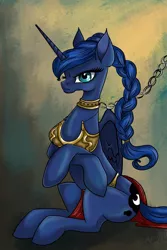 Size: 600x900 | Tagged: aladdin, alicorn, artist:robinanchor, bondage, braid, chains, clothes, collar, cosplay, costume, crossed arms, daring don't, derpibooru import, disney, luna is not amused, princess luna, safe, slave leia outfit, star wars, this will not end well, unamused