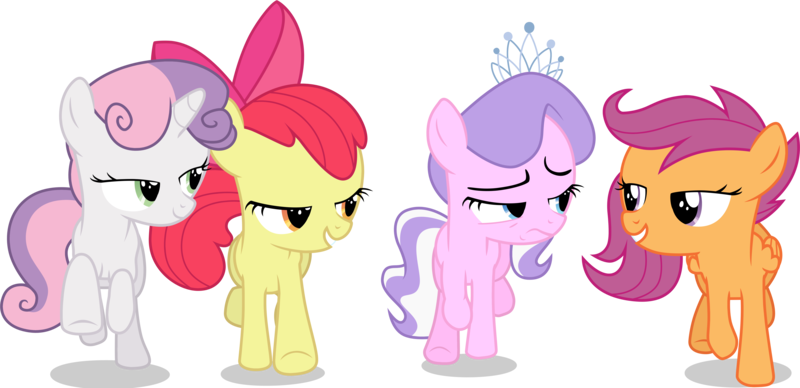 Size: 8050x3900 | Tagged: safe, artist:tomfraggle, derpibooru import, apple bloom, diamond tiara, scootaloo, sweetie belle, pony, crusaders of the lost mark, cutie mark crusaders, high res, lidded eyes, light of your cutie mark, running, simple background, transparent background, vector, walking