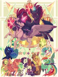 Size: 2592x3456 | Tagged: safe, artist:clockworkquartet, derpibooru import, applejack, fluttershy, pinkie pie, princess celestia, princess luna, rainbow dash, rarity, spike, tempest shadow, twilight sparkle, twilight sparkle (alicorn), alicorn, dragon, earth pony, pegasus, pony, unicorn, my little pony: the movie, angry, broken horn, eye scar, female, glowing horn, horn, looking at you, male, mane seven, mane six, mare, scar, smiling, sparking horn, spread wings, wings