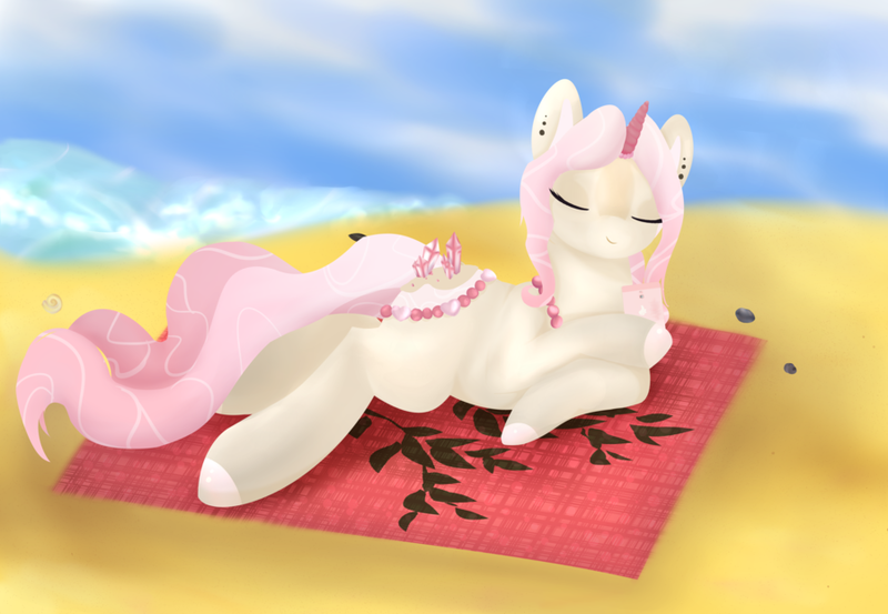 Size: 900x622 | Tagged: safe, artist:hirundoarvensis, derpibooru import, oc, oc:yasashi kokoro, unofficial characters only, original species, pond pony, pony, beach, crystal, eyes closed, female, horn, mare, prone, solo