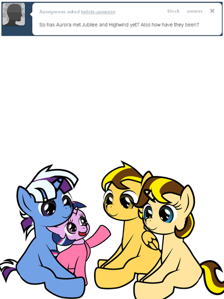 Size: 600x800 | Tagged: safe, artist:dekomaru, derpibooru import, oc, oc:aurora, oc:highwind shine, oc:jubilee shine, oc:nebula, unofficial characters only, earth pony, pegasus, pony, unicorn, tumblr:ask twixie, ask, boop, colt, female, filly, magical lesbian spawn, male, offspring, parent:trixie, parent:twilight sparkle, parents:twixie, siblings, tumblr