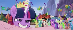 Size: 1920x800 | Tagged: safe, derpibooru import, screencap, bon bon, bunny moon, cornsilk, daisy, dawn sunrays, flower wishes, minuette, red gala, sweetie drops, twilight sparkle, twilight sparkle (alicorn), unnamed character, unnamed pony, wind whistler (g4), alicorn, earth pony, pegasus, pony, my little pony: the movie, apple family member, background pony, balloon, faic, female, grin, male, mare, market, smiling, stallion