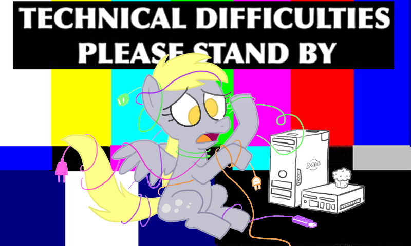 Size: 800x480 | Tagged: safe, artist:hipster-ponies, derpibooru import, derpy hooves, pegasus, pony, computer, confused, derpy hooves tech support, female, i just don't know what went wrong, image, mare, no pupils, png, sitting, solo, technical difficulties, test card