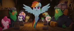 Size: 1280x540 | Tagged: safe, derpibooru import, screencap, applejack, boyle, fluttershy, lix spittle, mullet (character), murdock, pinkie pie, rainbow dash, rarity, spike, dragon, parrot pirates, pony, my little pony: the movie, pirate