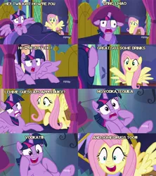 Size: 960x1080 | Tagged: a health of information, alcohol, alicorn, comic, derpibooru import, drugs, edit, edited screencap, fluttershy, safe, screencap, screencap comic, twilight sparkle, twilight sparkle (alicorn), vodka