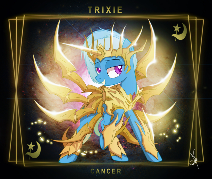 Size: 3840x3232 | Tagged: safe, artist:zidanemina, derpibooru import, trixie, pony, unicorn, armor, cancer (horoscope), crossover, female, manga, mare, raised hoof, saint seiya, solo, zodiac