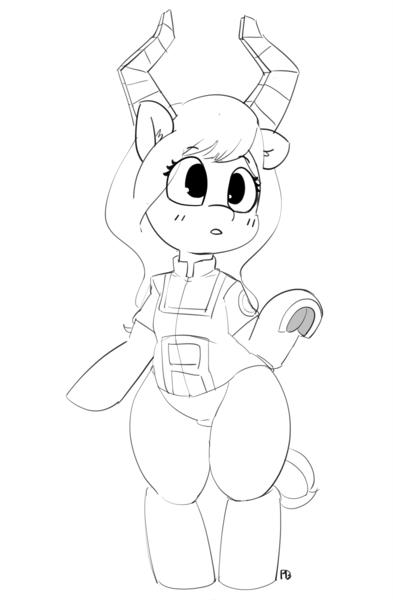 Size: 3272x5000 | Tagged: safe, artist:pabbley, derpibooru import, ponified, earth pony, pony, 30 minute art challenge, bipedal, clothes, cute, ear fluff, female, frog (hoof), grayscale, hoofbutt, lineart, mare, monochrome, my hero academia, pony tsunotori, quirked pony, solo, u.a. gym uniform, underhoof