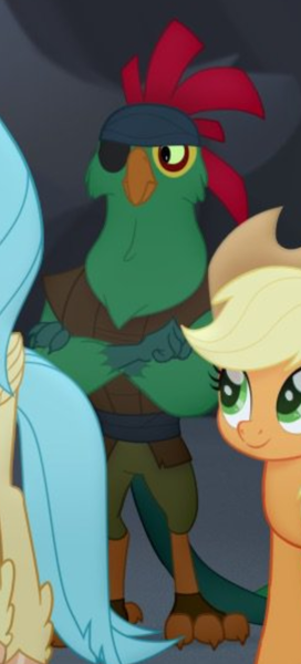 Size: 363x801 | Tagged: applejack, basalt beach, classical hippogriff, cropped, crossed arms, derpibooru import, eyepatch, hippogriff, male, mullet (character), my little pony: the movie, parrot pirates, pirate, princess skystar, safe, screencap, solo focus