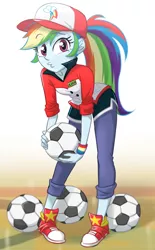 Size: 620x1000 | Tagged: safe, artist:ta-na, derpibooru import, rainbow dash, epic fails (equestria girls), eqg summertime shorts, equestria girls, ball, cap, clothes, converse, cute, dashabetes, female, football, hat, looking at you, shoes, shorts, sneakers, solo, sports, wristband