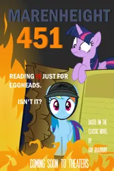 Size: 5000x7500 | Tagged: safe, artist:xenoneal, derpibooru import, rainbow dash, twilight sparkle, twilight sparkle (alicorn), alicorn, pony, absurd resolution, fahrenheit 451, fire, helmet, poster