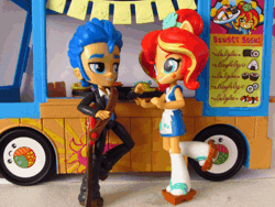Size: 384x288 | Tagged: safe, artist:whatthehell!?, derpibooru import, flash sentry, sunset shimmer, equestria girls, animated, clothes, doll, equestria girls minis, female, flashimmer, food, gif, girlfriend, guitar, irl, japanese, male, musical instrument, photo, shipping, shoes, straight, sunset sushi, sushi, toy, truck, tuxedo