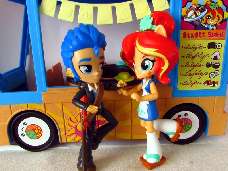 Size: 1152x864 | Tagged: safe, artist:whatthehell!?, derpibooru import, flash sentry, sunset shimmer, equestria girls, clothes, doll, equestria girls minis, female, flashimmer, food, guitar, irl, japanese, male, musical instrument, photo, shipping, shoes, straight, sunset sushi, sushi, toy, truck, tuxedo