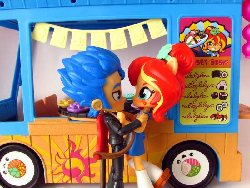Size: 1080x810 | Tagged: safe, artist:whatthehell!?, derpibooru import, flash sentry, sunset shimmer, fish, equestria girls, clothes, doll, equestria girls minis, female, flashimmer, food, guitar, hug, japanese, male, musical instrument, outfit, shipping, shoes, straight, sunset sushi, sushi, toy, truck, tuxedo