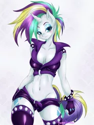 Size: 2992x4000 | Tagged: suggestive, artist:bunnywhiskerz, derpibooru import, rarity, anthro, unicorn, it isn't the mane thing about you, alternate hairstyle, belly button, breasts, cleavage, clothes, female, fingerless gloves, gloves, mare, punk, raripunk, sexy, shorts, simple background, smiling, solo, solo female