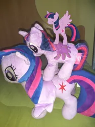 Size: 1080x1440 | Tagged: safe, derpibooru import, twilight sparkle, twilight sparkle (alicorn), alicorn, pony, augmented reality, irl, photo, plushie, ponies in real life, pony pile, self ponidox, tower of pony, triality