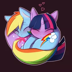 Size: 2800x2800 | Tagged: safe, artist:captainpudgemuffin, derpibooru import, rainbow dash, twilight sparkle, pony, :<, behaving like a cat, blushing, brown background, butt pillow, captainpudgemuffin is trying to murder us, cuddling, cute, dashabetes, eyes closed, female, heart, hnnng, lesbian, pony pillow, shipping, simple background, sleeping, smiling, snuggling, twiabetes, twidash