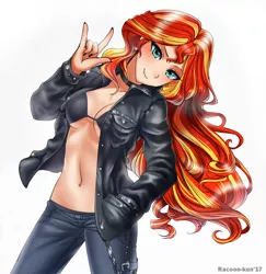 Size: 800x823 | Tagged: artist:racoonsan, clothes, derpibooru import, devil horn (gesture), edit, female, human, humanized, jacket, leather jacket, nail polish, solo, solo female, suggestive, sunset shimmer