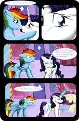 Size: 3230x4924 | Tagged: safe, artist:shadeila, derpibooru import, rainbow dash, rarity, pegasus, pony, unicorn, comic:why did i fall in love with her?, blushing, comic, dialogue, female, floppy ears, high res, lesbian, looking at each other, magic, mannequin, mare, open mouth, raised hoof, raridash, shipping, telekinesis