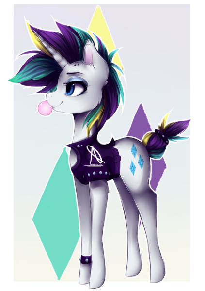 Size: 1195x1695 | Tagged: safe, artist:nutellaakanutella, derpibooru import, rarity, pony, unicorn, it isn't the mane thing about you, alternate hairstyle, bubblegum, clothes, cute, female, food, gum, mare, punk, raribetes, raripunk, solo, white outline