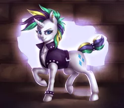 Size: 3000x2613 | Tagged: safe, artist:souladdicted, derpibooru import, rarity, pony, unicorn, it isn't the mane thing about you, alternate hairstyle, clothes, ear piercing, female, mare, piercing, punk, raised hoof, raripunk, short hair, smiling, solo
