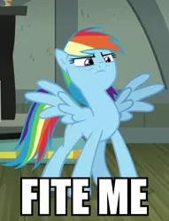 Size: 762x1000 | Tagged: action pose, caption, daring done?, derpibooru import, fighting stance, fight me, frown, image macro, lidded eyes, meme, rainbow dash, reaction image, safe, solo, spread wings, stare, text, wide stance, wings