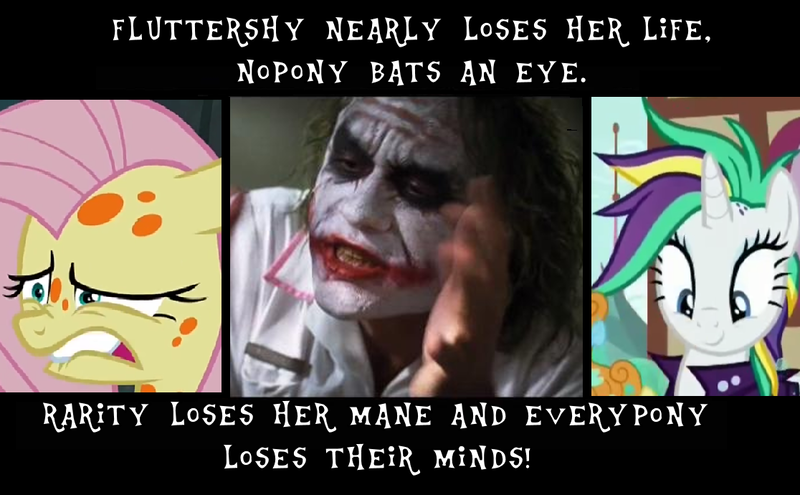 Size: 1116x690 | Tagged: safe, derpibooru import, edit, edited screencap, screencap, fluttershy, rarity, pegasus, pony, unicorn, a health of information, it isn't the mane thing about you, alternate hairstyle, batman, caption, female, image macro, mare, meme, punk, raripunk, swamp fever, text, the dark knight, the joker