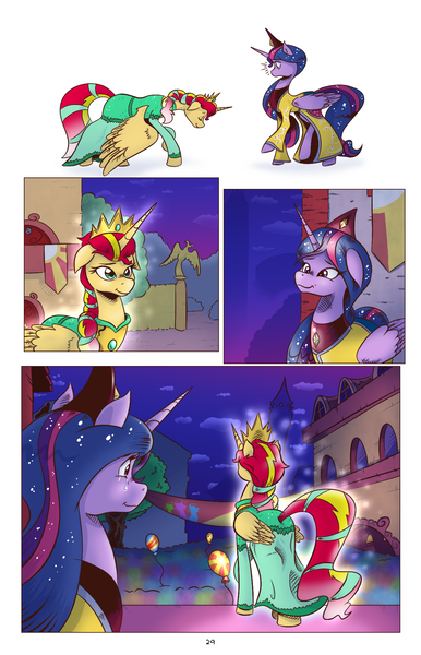 Size: 1253x1950 | Tagged: safe, artist:saturdaymorningproj, derpibooru import, sunset shimmer, twilight sparkle, twilight sparkle (alicorn), alicorn, pony, comic:a princess' worth, alicornified, alternate universe, clothes, comic, crown, crying, dress, female, jewelry, mare, race swap, regalia, shimmercorn, smiling, summer sun celebration, tears of joy