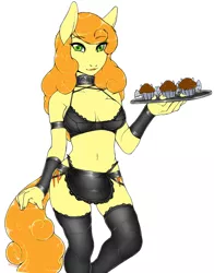 Size: 878x1122 | Tagged: anthro, artist:niisbbb, both cutie marks, breasts, busty carrot top, carrot top, clothes, cuffs (clothes), derpibooru import, female, food, golden harvest, lingerie, maid, muffin, simple background, suggestive, white background