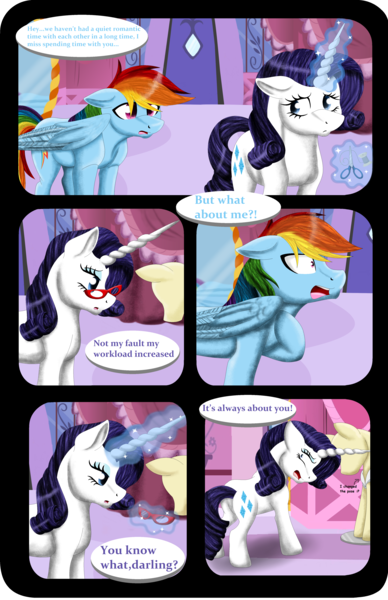 Size: 3256x5040 | Tagged: safe, artist:shadeila, derpibooru import, rainbow dash, rarity, pegasus, pony, unicorn, comic:why did i fall in love with her?, carousel boutique, comic, dialogue, female, floppy ears, glasses, high res, lesbian, magic, mannequin, mare, open mouth, raridash, shipping, telekinesis