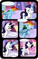 Size: 3256x5040 | Tagged: safe, artist:shadeila, derpibooru import, rainbow dash, rarity, pegasus, pony, unicorn, comic:why did i fall in love with her?, carousel boutique, comic, dialogue, female, floppy ears, glasses, high res, lesbian, magic, mannequin, mare, open mouth, raridash, shipping, telekinesis