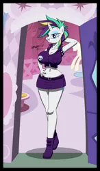 Size: 566x966 | Tagged: alternate hairstyle, anthro, armpits, artist:sonork91, belly button, belt, boots, breasts, busty rarity, carousel boutique, clothes, derpibooru import, female, it isn't the mane thing about you, legs, looking at you, miniskirt, punk, raripunk, rarity, shoes, skirt, smiling, solo, solo female, suggestive