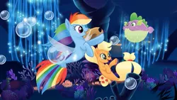 Size: 551x310 | Tagged: applejack, derpibooru import, fish, my little pony: the movie, puffer fish, rainbow dash, safe, seaponified, seapony applejack, seapony (g4), seapony rainbow dash, species swap, spike, spike the pufferfish