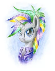 Size: 1530x1970 | Tagged: safe, artist:nightpaint12, derpibooru import, rarity, pony, unicorn, it isn't the mane thing about you, alternate hairstyle, clothes, drawing, female, mare, punk, raripunk, solo, traditional art