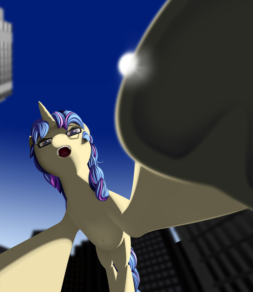 Size: 3300x3800 | Tagged: safe, artist:styroponyworks, derpibooru import, oc, oc:eleos, unofficial characters only, pony, 3d, blender, city, female, frog (hoof), giant pony, looking at you, looking down, macro, mare, mixed media, sky, solo, underhoof