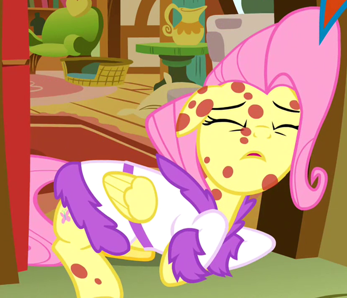 Size: 831x714 | Tagged: safe, derpibooru import, screencap, fluttershy, pegasus, pony, hurricane fluttershy, acting, bathrobe, clothes, cropped, eyes closed, female, floppy ears, fluttershy's cottage, mare, moe, open mouth, pony pox, prone, robe, sad, sick, solo, weak