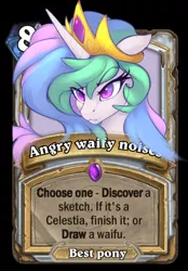 Size: 392x564 | Tagged: safe, alternate version, artist:oksara, derpibooru import, princess celestia, alicorn, pony, :3, :<, angry, angry horse noises, best pony, bust, card, crown, cute, cutelestia, descriptive noise, female, floppy ears, frown, glare, hearthstone, horse noises, jewelry, mare, messy mane, regalia, solo, waifu, warcraft, wingding eyes