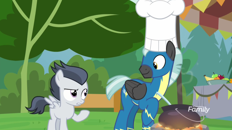 Size: 1920x1080 | Tagged: safe, derpibooru import, screencap, rumble, thunderlane, pegasus, pony, marks and recreation, chef's hat, clothes, colt, cooking, discovery family logo, hat, male, raised eyebrow, uniform, wonderbolts uniform