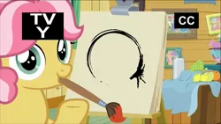 Size: 1320x742 | Tagged: safe, derpibooru import, edit, edited screencap, screencap, kettle corn, earth pony, pony, marks and recreation, arrival (movie), circle painting, female, filly, foal, heptapod b, kettle draws, meme, mouth hold, paintbrush, solo