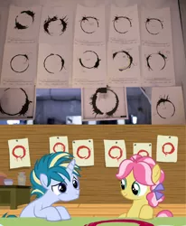 Size: 759x919 | Tagged: safe, derpibooru import, screencap, kettle corn, skeedaddle, earth pony, pony, unicorn, marks and recreation, arrival (movie), circle, circle painting, colt, female, filly, foal, heptapod b, male