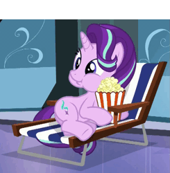 Size: 725x739 | Tagged: animated, derpibooru import, discord (program), eating, edit, edited screencap, food, gif, popcorn, safe, screencap, simple background, starlight glimmer, the crystalling, white background, white text