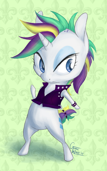 Size: 836x1331 | Tagged: safe, artist:gracewolf, derpibooru import, rarity, pony, it isn't the mane thing about you, alternate hairstyle, bipedal, chibi, punk, raripunk, solo