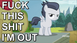 Size: 640x360 | Tagged: safe, derpibooru import, edit, edited screencap, screencap, apple bloom, rumble, pegasus, pony, marks and recreation, animated, caption, colt, fuck this, fuck this shit i'm out, gif, i'm out, image macro, male, meme, reaction image, text, vulgar