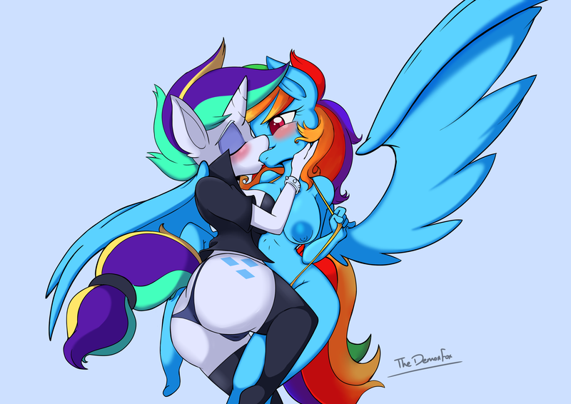 Size: 4093x2894 | Tagged: questionable, artist:demonfox, derpibooru import, rainbow dash, rarity, anthro, pegasus, unicorn, it isn't the mane thing about you, alternate hairstyle, ass, bikini, blushing, breasts, busty rainbow dash, butt, clothes, eyes closed, female, females only, jacket, kissing, leather jacket, lesbian, nipples, nudity, panties, partial nudity, punk, raridash, raripunk, rearity, shipping, signature, simple background, sling bikini, swimsuit, topless, underwear