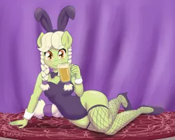 Size: 1000x800 | Tagged: adorasexy, anthro, apple cider, artist:empyu, breasts, bunny ears, bunny suit, clothes, cuffs (clothes), cute, derpibooru import, female, fishnets, glass, granny smith, high heels, leotard, looking at you, plantigrade anthro, sexy, shoes, smiling, socks, solo, solo female, stockings, suggestive, thigh highs, younger, young granny smith